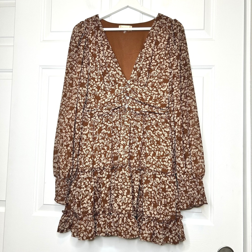 Altar'd State Brown Floral Long Sleeve Tiered Dress
